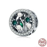 Ταϊλάνδη Sterling Silver Beads, με Shell Pearl, Λουλούδι, μικρο ανοίξει κυβικά ζιρκονία & χωρίς troll & σμάλτο, 12x12mm, Τρύπα:Περίπου 4.5-5mm, Sold Με PC