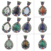 Zinc Alloy Enamel Pendants with Gemstone Teardrop antique silver color plated nickel lead & cadmium free Approx Sold By Bag