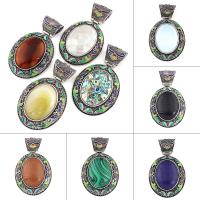 Gemstone Pendants Jewelry Zinc Alloy with Gemstone Flat Oval antique silver color plated & enamel nickel lead & cadmium free Approx Sold By Bag