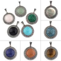 Zinc Alloy Pendants with Gemstone Flat Round antique silver color plated nickel lead & cadmium free Approx Sold By Bag