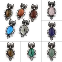 Tibetan Style Animal Pendants, with Gemstone, Owl, antique silver color plated, different materials for choice & can be used as brooch or pendant & with rhinestone, nickel, lead & cadmium free, 29x59x7mm, Hole:Approx 5x10mm, 10PCs/Bag, Sold By Bag