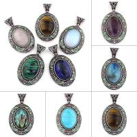 Gemstone Pendants Jewelry, Tibetan Style, with Gemstone, Flat Oval, antique silver color plated, different materials for choice & enamel, nickel, lead & cadmium free, 32x54x9mm, Hole:Approx 5x7mm, 10PCs/Bag, Sold By Bag