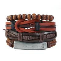 PU Leather Cord Bracelets, with Wood & Tibetan Style, handmade, 4 pieces & Unisex & adjustable, 60mm, Length:Approx 7.09 Inch, Sold By Set