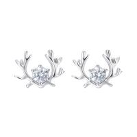 Brass Stud Earring, Antlers, silver color plated, for woman & with rhinestone, nickel, lead & cadmium free, 10x8mm, Sold By Pair