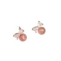 Brass Stud Earring with Strawberry Quartz Bowknot silver color plated Korean style & for woman & with rhinestone nickel lead & cadmium free Sold By Pair