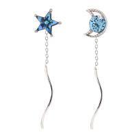 Brass Asymmetric Earrings Moon and Star silver color plated for woman & with rhinestone nickel lead & cadmium free 40mm Sold By Pair