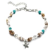 Tibetan Style Anklet, with Turquoise & White Shell & Acrylic, with 2.4inch extender chain, Starfish, antique silver color plated, adjustable & for woman, nickel, lead & cadmium free, Sold Per Approx 10 Inch Strand