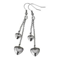 Stainless Steel Drop Earring, Heart, original color, 69mm,11x11mm, 10Pairs/Lot, Sold By Lot