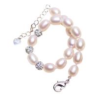 Bracelet en perles de culture d'eau douce, perle d'eau douce cultivée, avec Clay Pave, avec 5cm chaînes de rallonge, riz, naturel, avec strass, blanc, 7-8mm, Vendu par Environ 6.5 pouce brin