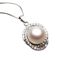 Pendentifs perles d'eau douce, perle d'eau douce cultivée, avec laiton, bouton, Placage de couleur argentée, naturel & pavé de micro zircon, blanc, 11-12mm, Trou:Environ 2-5mm, Vendu par PC