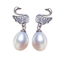 Freshwater Pearl Drop Earring with Brass Rice natural micro pave cubic zirconia white 8-9mm Sold By Pair