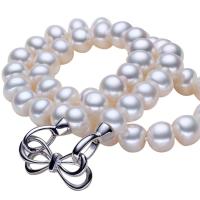 Naturlige ferskvands perle halskæde, Ferskvandsperle, messing foldover lås, Button, hvid, 10-11mm, Solgt Per Ca. 17.5 inch Strand