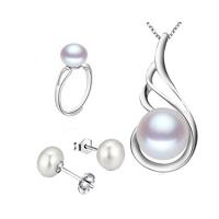 Natural Cultured Freshwater Pearl Jewelry Sets, finger ring & earring & necklace, with Brass, Button, box chain & micro pave cubic zirconia, white, 9-10mm, 8-9mm, US Ring Size:7-9, Length:Approx 18 Inch, Sold By Set