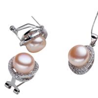 Natural Cultured Freshwater Pearl Jewelry Sets earring & necklace with Brass Button box chain & micro pave cubic zirconia pink 9-10mm Approx 2-7mm Length Approx 17.5 Inch Sold By Set