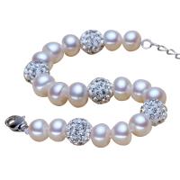 Freshwater Cultured Pearl Bracelet, Freshwater Pearl, with Clay Pave & Brass, with 5cm extender chain, Dome, natural, with 45 pcs rhinestone, more colors for choice, 8.5-9.5mm, Sold Per Approx 7 Inch Strand
