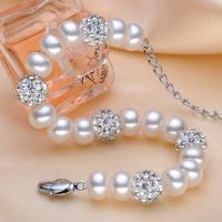 Bracelet en perles de culture d'eau douce, perle d'eau douce cultivée, avec Strass perle de Pave d'argile, laiton fermoir homard, avec 4.5cm chaînes de rallonge, bouton, naturel, avec 42 pcs stras, blanc, 8-9mm, 8mm, Vendu par Environ 6.5 pouce brin