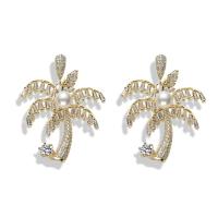 Cubic Zirconia Micro Pave Brass Earring, with ABS Plastic Pearl, sterling silver post pin, Palm Tree, gold color plated, micro pave cubic zirconia & for woman, nickel, lead & cadmium free, 40x30mm, Sold By Pair