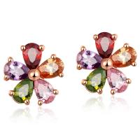 Cubic Zircon (CZ) Stud Earring Cubic Zirconia with Zinc Alloy zinc alloy post pin Flower gold color plated for woman multi-colored 10mmx10mm Sold By Pair