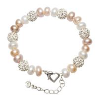 Freshwater Cultured Pearl Bracelet, Freshwater Pearl, with Clay Pave, brass lobster clasp, with 5cm extender chain, Potato, silver color plated, with packing box & for woman & with rhinestone, 8-9mm, Sold Per Approx 7.5 Inch Strand