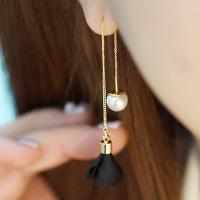 Zinc Alloy Thread Through Earrings with Cloth & Plastic Pearl Flower gold color plated for woman nickel lead & cadmium free 107mm Sold By Pair