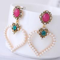 Tibetan Style Drop Earrings, with ABS Plastic Pearl, Heart, gold color plated, for woman & with rhinestone, nickel, lead & cadmium free, 55x33mm, Sold By Pair