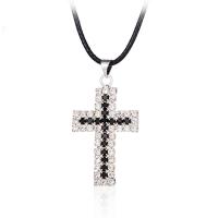Tibetan Style Jewelry Necklace, with leather cord, with 50mm extender chain, Cross, platinum color plated, for woman & with rhinestone, nickel, lead & cadmium free, 450mm, Sold Per Approx 17.7 Inch Strand