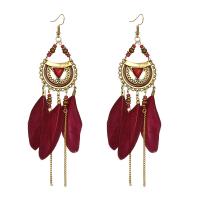 Zinc Alloy Tassel Earring with Seedbead & Feather antique gold color plated for woman nickel lead & cadmium free 110*30mm Sold By Pair