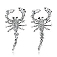 Tibetan Style Stud Earring, Scorpion, silver color plated, Unisex & with rhinestone, nickel, lead & cadmium free, 48*23mm, Sold By Pair