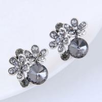 Zinc Alloy Stud Earring with Czech Rhinestone Flower antique silver color plated for woman black nickel lead & cadmium free 15mm Sold By Pair