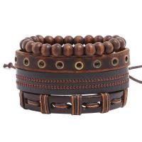 PU Leather Bracelet Set with Linen & Zinc Alloy antique gold color plated Unisex nickel lead & cadmium free 60mm Length Approx 8.6 Inch Sold By Set
