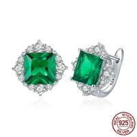 925 Sterling Silver Huggie Hoop Earring Square platinum plated for woman & with cubic zirconia green Sold By Pair