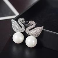 Zinc Alloy Stud Earring with pearl sterling silver post pin Swan plated micro pave cubic zirconia & for woman nickel lead & cadmium free 17*11mm Sold By Pair