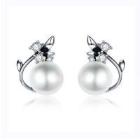 925 Sterling Silver Stud Earrings, with Shell Pearl, real silver plated, micro pave cubic zirconia & for woman, 12x13mm, 9x9mm, Sold By Pair