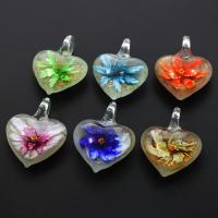 Inner Flower Lampwork Pendants, Heart, gold sand, mixed colors, 33x42x15mm, Hole:Approx 7mm, 12PCs/Box, Sold By Box