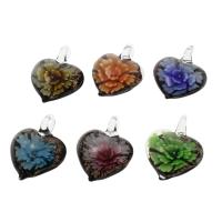 Inner Flower Lampwork Pendants, Heart, gold sand, mixed colors, 37x46x15mm, Hole:Approx 8mm, 12PCs/Box, Sold By Box