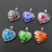 Inner Flower Lampwork Pendants, Flat Heart, mixed colors, 37x44x14mm, Hole:Approx 7mm, 12PCs/Box, Sold By Box