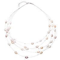 Freshwater Pearl Brass Necklace, with Fishing Line & Brass, with 5cm extender chain, Nuggets, silver color plated, with packing box & for woman & 5-strand, mixed colors, 8x5mm, Sold Per Approx 19.6 Inch Strand