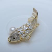Brass Brooch, with Freshwater Pearl, Fish, gold color plated, Unisex & with cubic zirconia, nickel, lead & cadmium free, 24*52mm, Sold By PC