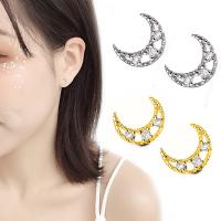 Brass Stud Earring Moon plated micro pave cubic zirconia & for woman & hollow nickel lead & cadmium free Sold By Lot