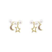 Brass Stud Earring, with pearl, Moon and Star, gold color plated, for woman & with cubic zirconia, nickel, lead & cadmium free, 18*17mm, Sold By Pair