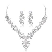 Zinc Alloy Jewelry Sets earring & necklace with Plastic Pearl zinc alloy lobster clasp zinc alloy post pin plated for woman & with rhinestone platinum color 33mm 14mm 30mm 22mm Length Approx 17.7 Inch Sold By Set