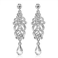 Tibetan Style Drop Earrings, plated, for woman & with rhinestone, silver color, 64x19mm, Sold By Pair