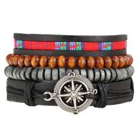 PU Leather Cord Bracelets, with Velveteen Cord & Wood & Tibetan Style, antique silver color plated, 4 pieces & Unisex, Length:Approx 7.5 Inch, Sold By Set