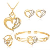 Tibetan Style Jewelry Sets, bangle & finger ring & earring & necklace, Tibetan Style lobster clasp, Tibetan Style post pin, Heart, plated, for woman & with rhinestone, golden, 36mm,25mm,18mm,20mm,18mm,20mm,18mm,20mm, Length:Approx 15.7 Inch, Sold By Set
