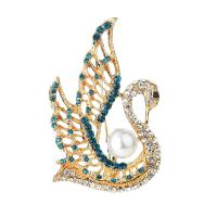 Tibetan Style Brooches, with ABS Plastic Pearl, Swan, gold color plated, Unisex & with rhinestone, nickel, lead & cadmium free, 45x55mm, 3PCs/Lot, Sold By Lot
