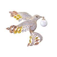 Brass Brooch with Plastic Pearl Bird gold color plated micro pave cubic zirconia & for woman nickel lead & cadmium free 45*50mm Sold By PC