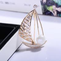 Brass Brooch with Plastic Pearl Sail Boat plated micro pave cubic zirconia & for woman nickel lead & cadmium free 28*45mm Sold By PC