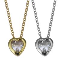 Stainless Steel Jewelry Necklace, with 2inch extender chain, Heart, plated, oval chain & with cubic zirconia, more colors for choice, 7x7mm,1.2mm, Sold Per Approx 17 Inch Strand