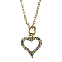 Stainless Steel Jewelry Necklace, with 2inch extender chain, Heart, oval chain & micro pave cubic zirconia & hollow, gold, 10x12mm,1.2mm, Sold Per Approx 17 Inch Strand