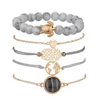 Tibetan Style Bracelet Set, with Gemstone & Cotton Cord, gold color plated, 5 pieces & oval chain & for woman, nickel, lead & cadmium free, Length:Approx 6.7 Inch, Approx 7 Inch, Approx 7.5 Inch, Approx 7.9 Inch, 5Strands/Set, Sold By Set